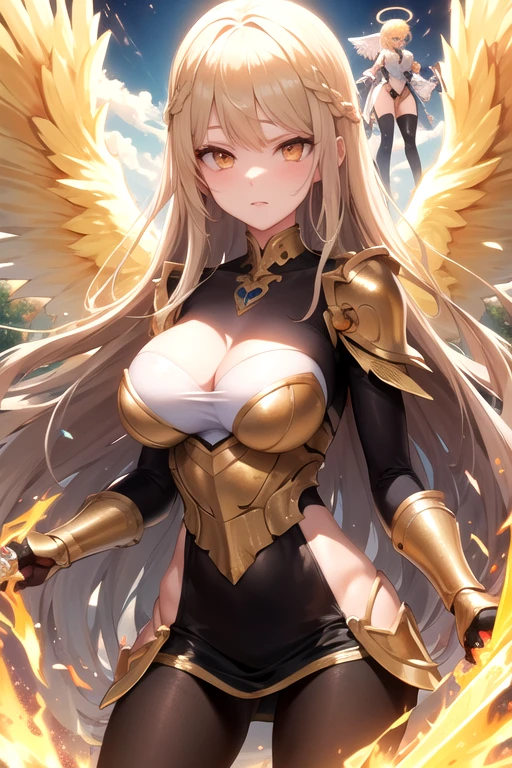 (best qualityer), (work of art), (ultra definition), Ultra detailed image with 2 girls battling with giant swords, a girl has long white hair and white armor and white angelic wings and golden halo on her head and white eyes and a giant golden sword in her hand, the other girl has long golden hair with golden armor and golden dragon wings and golden eyes and a giant black sword in her hand