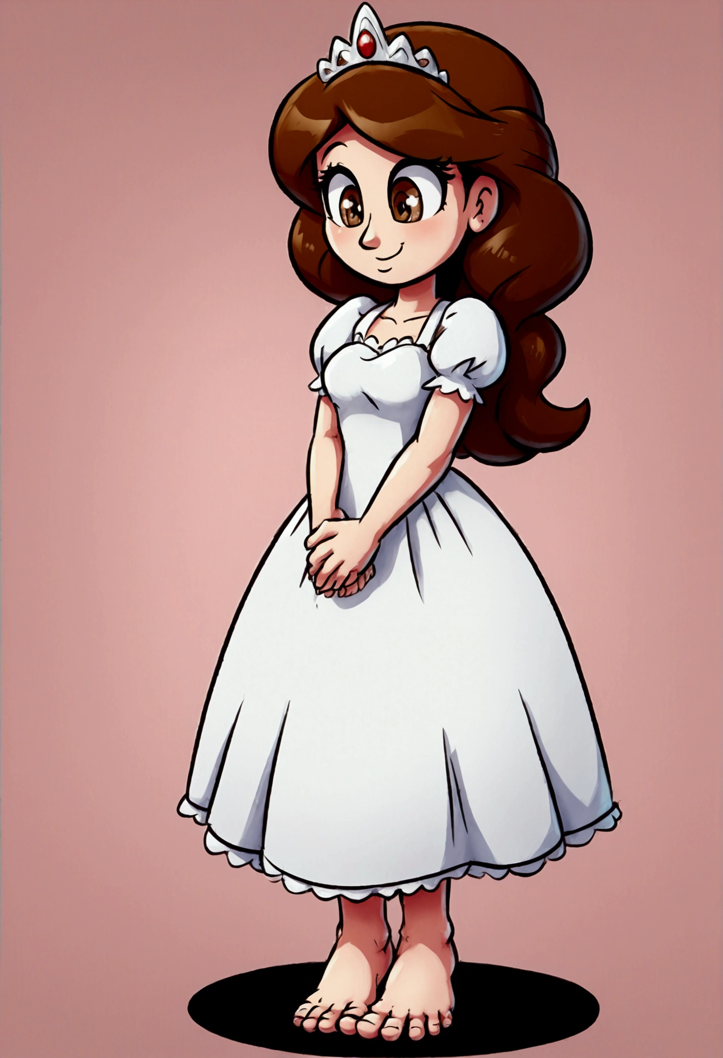 A_princess_with_big_feet (massive and giant feet, giant toes, standing) hair_color (brown hair) (white dress) eye_color (brown eyes) silver_tiara ((teasing, cute, funny, adorable, masterpiece, high quality))