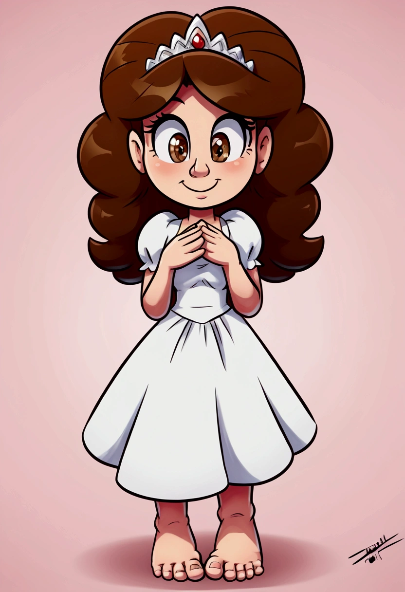 A_princess_with_big_feet (massive and giant feet, giant toes, standing) hair_color (brown hair) (white dress) eye_color (brown eyes) silver_tiara ((teasing, cute, funny, adorable, masterpiece, high quality))