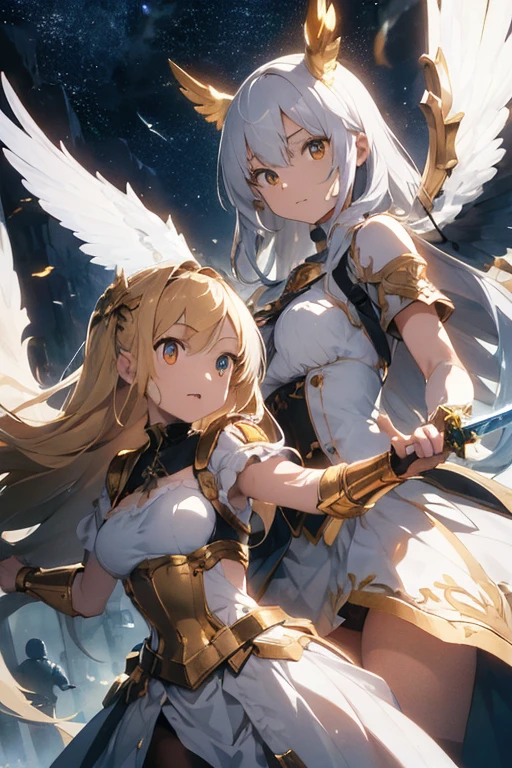 (best qualityer), (work of art), (ultra definition), Ultra detailed image with 2 girls battling with giant swords, a girl has long white hair and white armor and white angelic wings and golden halo on her head and white eyes and a giant golden sword in her hand, the other girl has long golden hair with golden armor and golden dragon wings and golden eyes and a giant black sword in her hand 