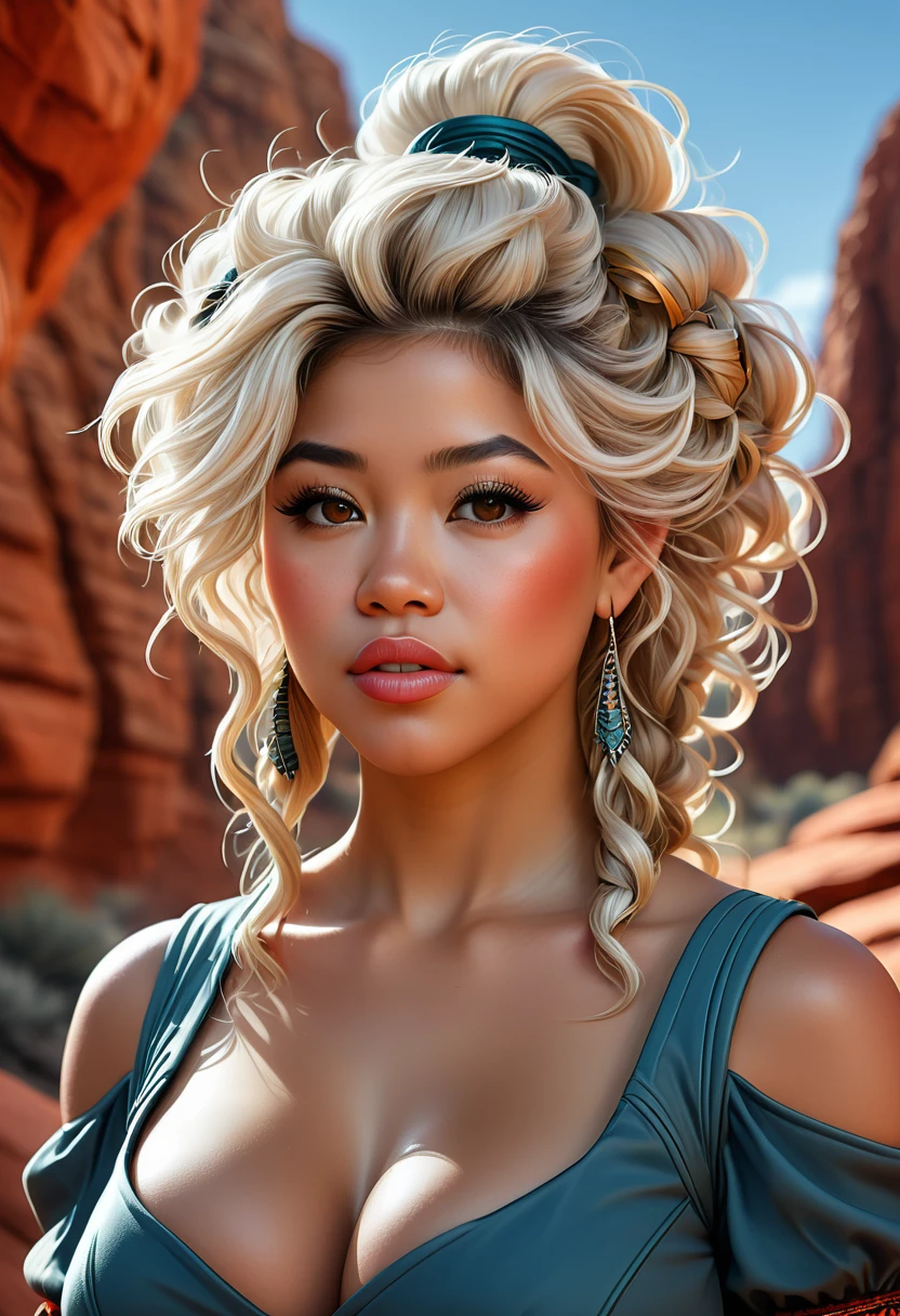 Thirst trap photo of a beautiful gnome women. Southwestern vibe and dress. Southwestern earrings, and jewelry. Her blonde hair is coarse, wiry, tightly curled, and densely packed, with a rough texture prone to frizz and tangling. official art is an award-winning digital masterpiece in 4K Ultra HD, featuring extreme detail and intricate realism. It combines the artistry of Wlop and Artgerm in a stunning 2D vector illustration. She has huge firm, perky, v symmetrical, and spherical breasts. The background showcases a beautiful panoramic vista of a red rock canyon.   Gina Rodriguez.
