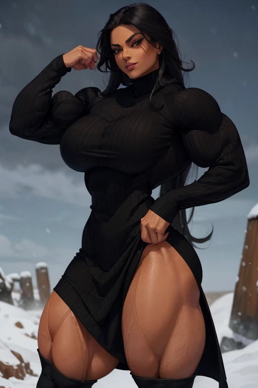 (Close-up), tall, (black hair), beautiful muscular woman, long straight hair, light brown skinned, closed smile, (black lipstick), (massive muscles), (hyper muscle), (ginormous bulky muscles), orange eyes, (((beautiful black long sleeve turtleneck sweater dress))), ((pantyhose)), brown boots, choker, snow field