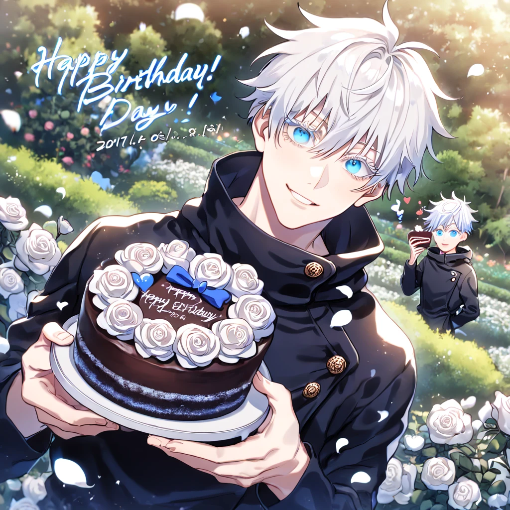 Ultra detailed, Highres, absurdres, HDR, master piece, best quality, Gojou Satoru, white hair with bangs, white eyelashes, expressive blue eyes, black clothes, Jujutsu Kaisen, sexy man holding a cake, happy birthday, white petals, white roses, garden, handsome, sensual, fantasy, magical, hearts