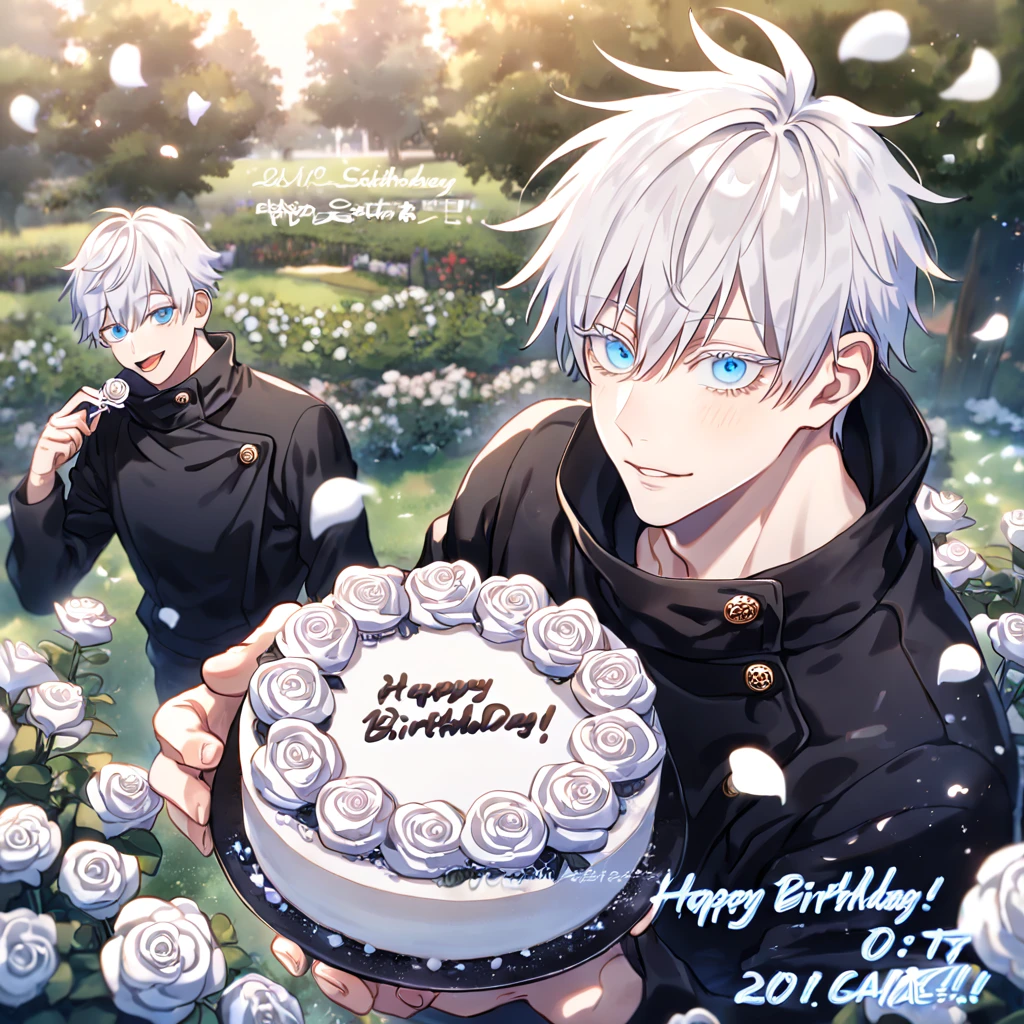 Ultra detailed, Highres, absurdres, HDR, master piece, best quality, Gojou Satoru, white hair with bangs, white eyelashes, expressive blue eyes, black clothes, Jujutsu Kaisen, sexy man holding a cake, happy birthday, white petals, white roses, garden, handsome, sensual, fantasy, magical, hearts
