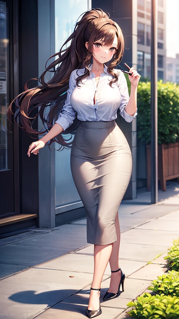 masterpiece, best quality, 1girl, beautiful business woman with wavy hair, brown hair, ponytail, large bust, wearing white button shirt and gray midi pencil skirt, long tight skirt:1.3, short sleeves, business suit, heels, summer, garden, office building, looking at viewer, walking, walk cycle, fast walk, 