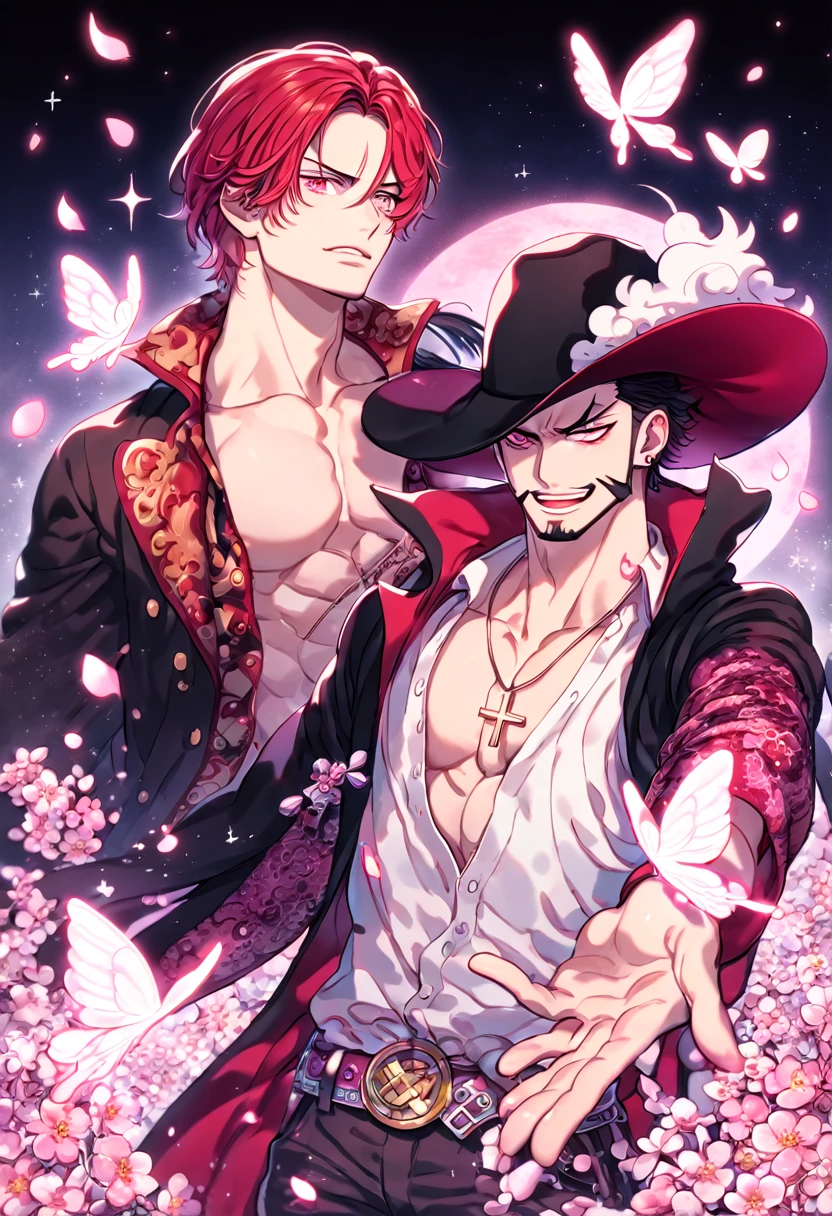 absurdres, highres, ultra detailed, HDR, master piece, best quality, extremely detailed, Dracule Mihawk, black hair, expressive red eyes, One Piece, Shanks, red hair, expressive red eyes, two sexy men together, yaoi, gay couple, handsome, wide-brimmed black hat decorated with a large plume, open black coat with a red velvet inside, without shirt, black cape, white shirt, red flower-patterned sleeves, cross necklace, magical, sparkling, pink glittering fireflies, pink ice, pink ice butterflies, pink ice petals, pink ice cherry blossoms, pink crystal, pink flowers, pink moon