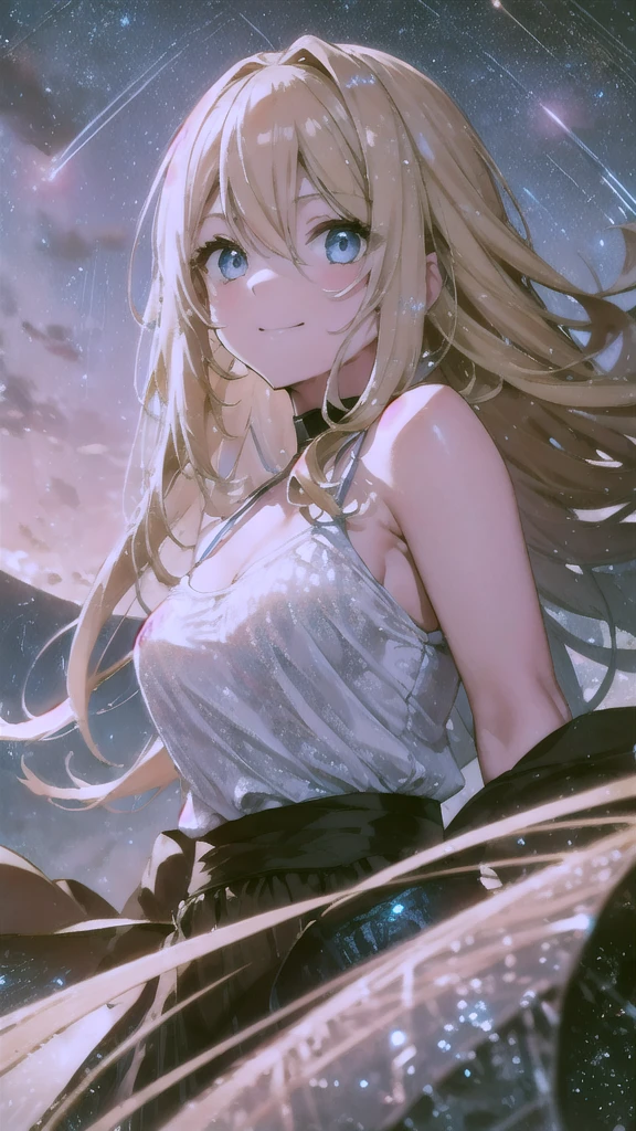 (masterpiece:1.3), (best quality:1.1), (8k, ultra detailed, ultra high res:1.2), ((anime style)), perfect 5 fingers, perfect anatomy, 
1girl,
BREAK long hair, wavy hair, 
(blonde hair), 
(blue eyes), 
medium breasts, camisole, (Sequins:1.2), white camisole, 
BREAK smile, 
(gazing skyward:1.3), sky, standing, shoot from below, 
cowboy shot, 
outdoor, (many meteor showers:1.3), 