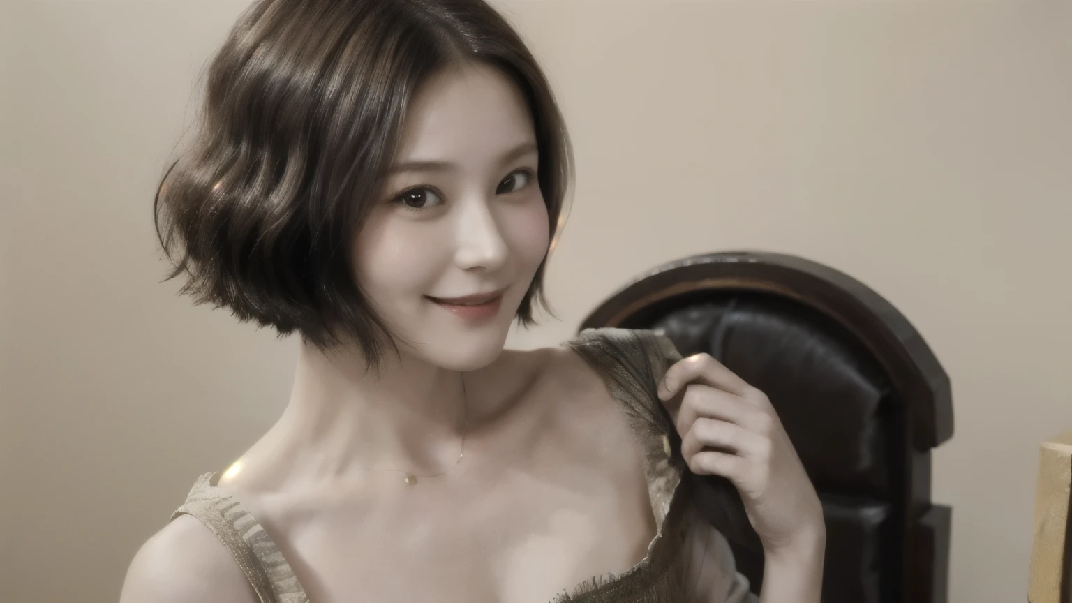 262 20-year-old female,(Short Hair 46),(Genuine,chest:1.5),Old-fashioned smile,(Paintings by Leonardo da Vinci),flower