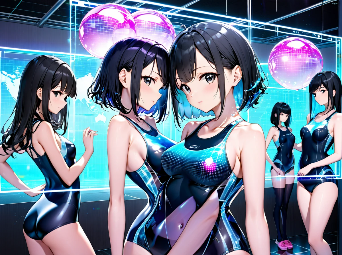 (8K, 超A high resolution, Best Quality, masutepiece:1.2)、top-quality、 (huge-breasted、teats:1.2)Hide all breasts and belly、(Black and gold lines、Pretty High Leg T-Back Swim Racing Suit、highleg:1.5)、(Crotch indirect、Stand with your crotch wide apart(stand up、squatt、Limbo Dance、Standing、Gani crotch):1.5)(Swimsuit digs into the crotch:1.5)(Put your hands around your waist、Show the armpits:1.28)(Sit on a pool bench:1.28) BREAK is detailed、depth of fields、(Brown-haired bun:1.48)、(Tempered body、Toned body、Split abs:1.38)Eye lashes、long lashes、Thin makeup、Distinct double eyelids、Clean collarbone、Aligned bangs、thin lips、a small face、(Highlights in the eyes、lipgloss)、Fine-grained skin、kawaii faces、(stand up、Do not close the legs、Stand up with your inseam wide open:1.4)(３Person、The body does not stick together、Three Beauties:1.55),NSFW