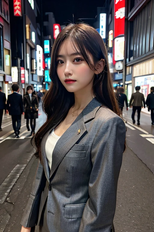 1 Girl, Tokyo Street,night, Streetscape,City lights, Upper Body,close, 8k, Raw photo, Highest quality, masterpiece,Realistic, photo-Realistic,Gray business suit, Long sleeve, Double, Black Eyes