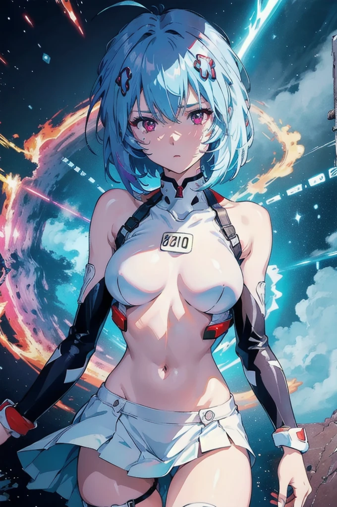 RAW Image Quality, Super cute girl, , , Rainbow Aura Body, Supernova Power, Light blue hair, Red eyes, Perfect body, sexy, Neon glow, , sad mood, Very detailed, , , Beautiful Eyes, Detailed face,