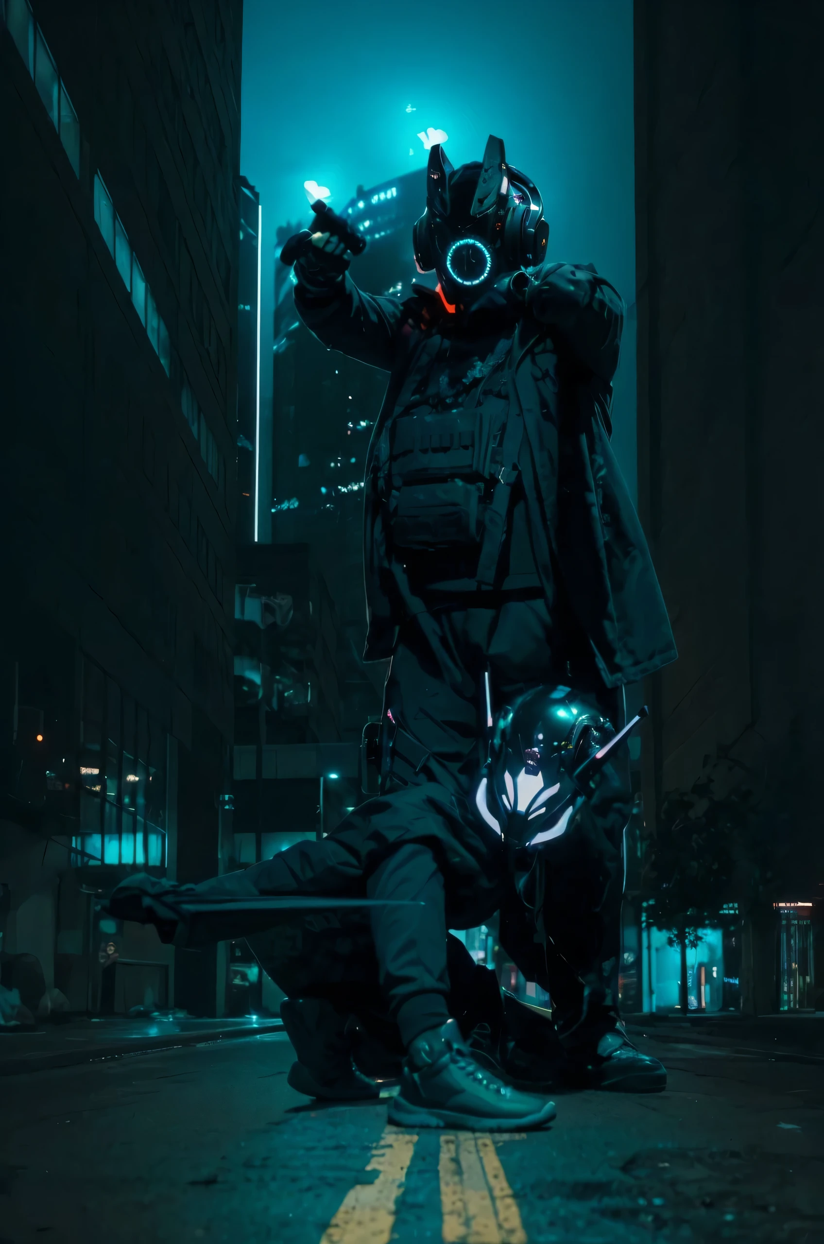Design a striking cyberpunk-inspired image of a mysterious character, wearing an intricate Oni mask, immersed in the world of music through headphones. The dark background should be illuminated by vibrant cyberpunk neon lights, casting an otherworldly glow on the character's attire, mask, and the surrounding elements. Capture the fusion of futuristic technology and traditional mysticism as this enigmatic figure finds solace and connection through the music amidst the chaotic cyberpunk cityscape. Let the interplay of darkness and neon light create an atmosphere that's both alluring and enigmatic.