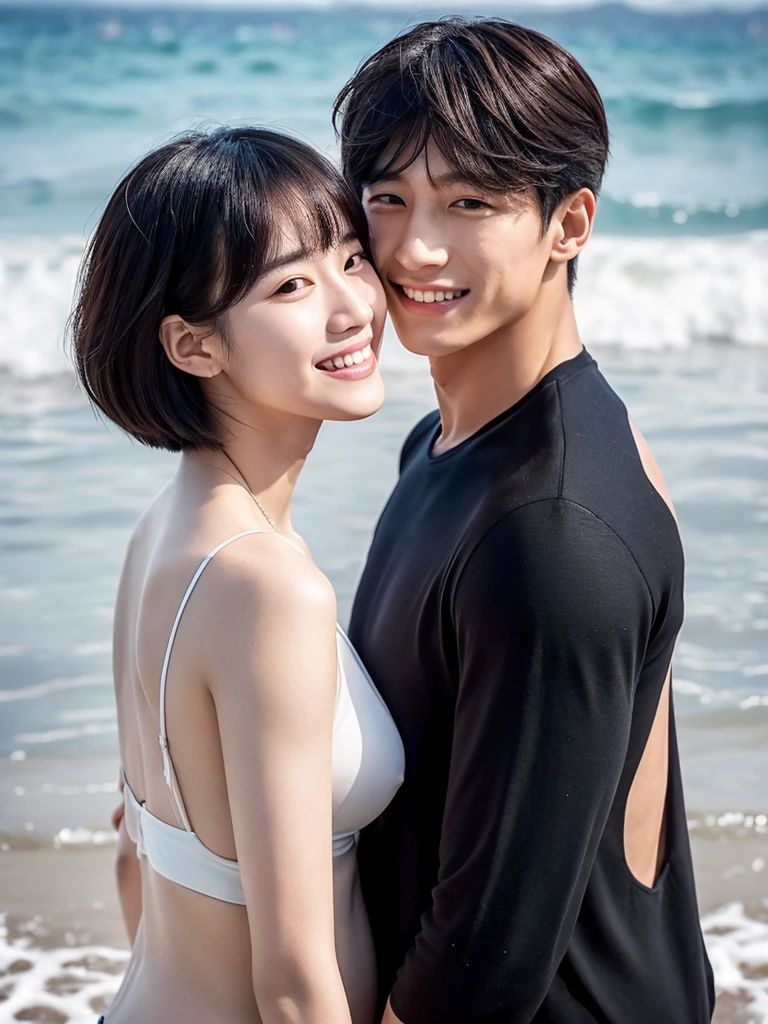 couple photo, korean handsome man 20-year-old Korean man with pale skin, small facial structure, defined jawline, prominently full lips, intense black eyes, distinguished bangs covering the forehead, noticeably broad shoulders, standing at 1.80m, showcasing his athletic build, reminiscent of Jungkook in the sea of Copacabana, next to a blonde asian woman smiling, 3 months pregnant
