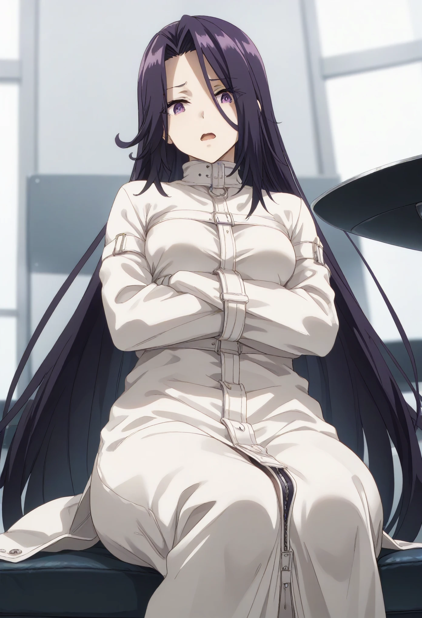 aurora,tall woman, long hair, purple hair, very long hair, purple eyes,(((((white Latexstraitjacket))))),in the white room with only chair,(plain white background),sitting on the chair,red ball gag,suprised,shock,looking down
