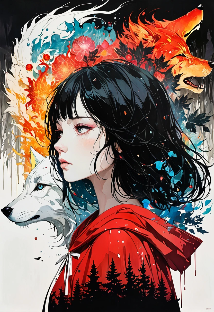 (Double exposure:1.3) effect of Little Red Riding Hood and the Wolf silhouette, superimposed against dark forest sky by Conrad Roset, Brandon Kidwell, Andreas Lie, Dan Mountford, Agnes Cecile, Jeremy Mann, oil and ink canvas, fine art, super dramatic light, photoillustration, amazing depth, hyperdetailed, iridescent red, redundant dreams, intricate detailed, amazing depth, stunning atmosphere, mesmerizing whimsical vibrant scenery, maximalism (Beautiful Outside, Ugly Inside, Stress and Pain, Beauty and Despair, Hard and Soft, Positive and Negative, Hot and Cold, Sweet and Sour, Vibrant and Dull, Perfect Harmony, Light and Dark, Hot and Cold, Old and Young, Fire and Ice, Yin and Yang, Opposites, Black and white, Hot and Cold, Organic and Mechanical, Corresponding colors, Loud and Quiet, Chaos and Peace, Night and Day:1.2) complex masterwork by head of prompt engineering