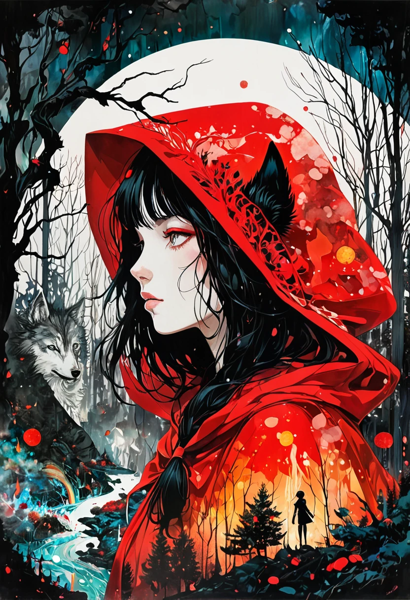(Double exposure:1.3) effect of Little Red Riding Hood and the Wolf silhouette, superimposed against dark forest sky by Conrad Roset, Brandon Kidwell, Andreas Lie, Dan Mountford, Agnes Cecile, Jeremy Mann, oil and ink canvas, fine art, super dramatic light, photoillustration, amazing depth, hyperdetailed, iridescent red, redundant dreams, intricate detailed, amazing depth, stunning atmosphere, mesmerizing whimsical vibrant scenery, maximalism (Beautiful Outside, Ugly Inside, Stress and Pain, Beauty and Despair, Hard and Soft, Positive and Negative, Hot and Cold, Sweet and Sour, Vibrant and Dull, Perfect Harmony, Light and Dark, Hot and Cold, Old and Young, Fire and Ice, Yin and Yang, Opposites, Black and white, Hot and Cold, Organic and Mechanical, Corresponding colors, Loud and Quiet, Chaos and Peace, Night and Day:1.2) complex masterwork by head of prompt engineering