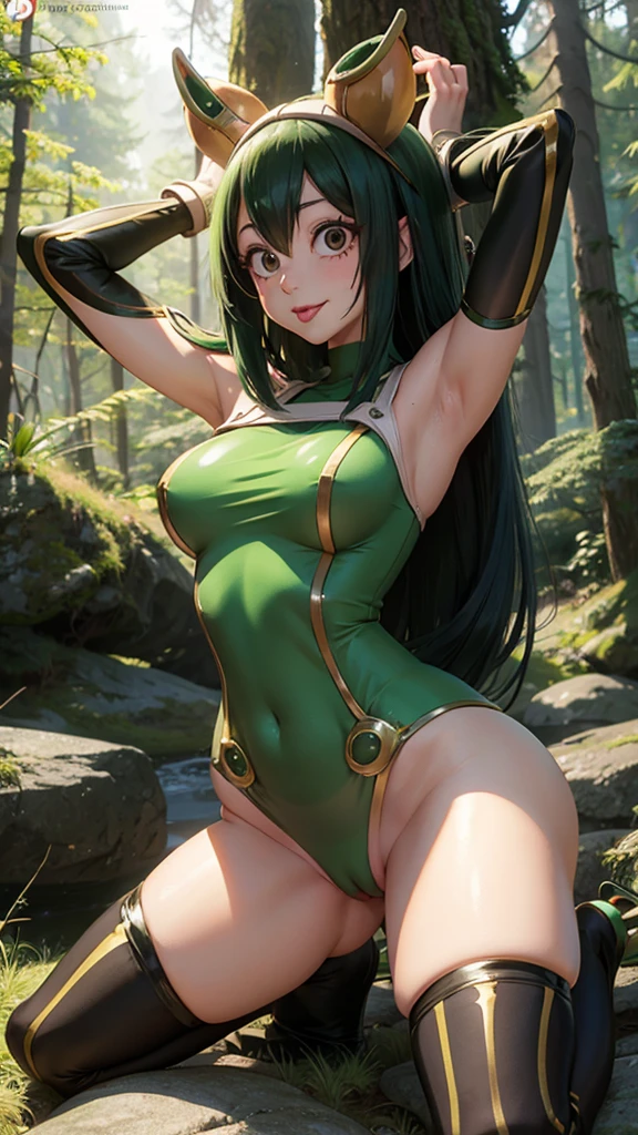Tsuyu from boku no hero, showing armpits and pussy half naked, full body, forest background, showing tongue, long hair.