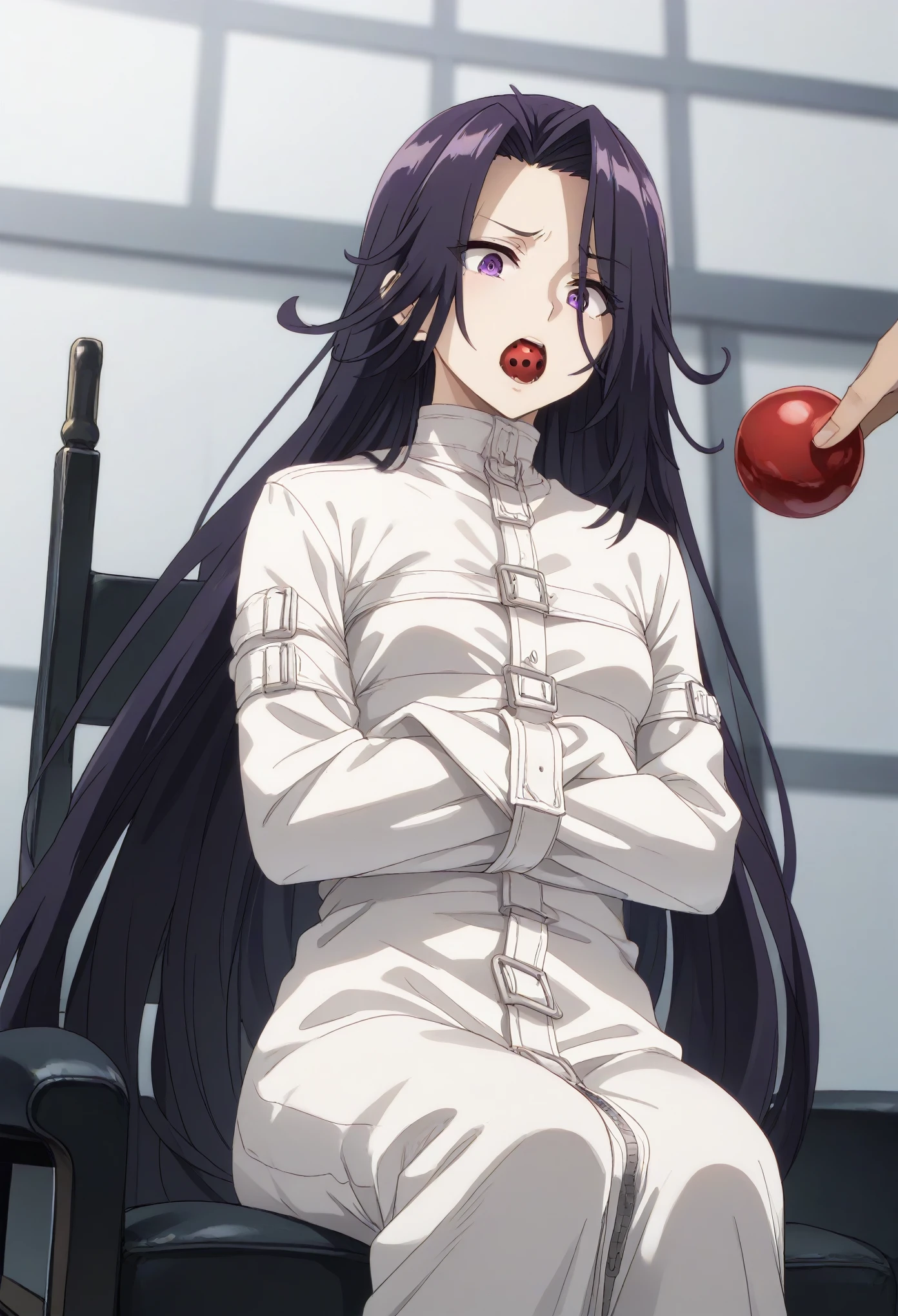 aurora,tall woman, long hair, purple hair, very long hair, purple eyes,(((((white Latexstraitjacket))))),in the white room with only chair,(plain white background),sitting on the chair,red ball gag,suprised,shock,looking down
