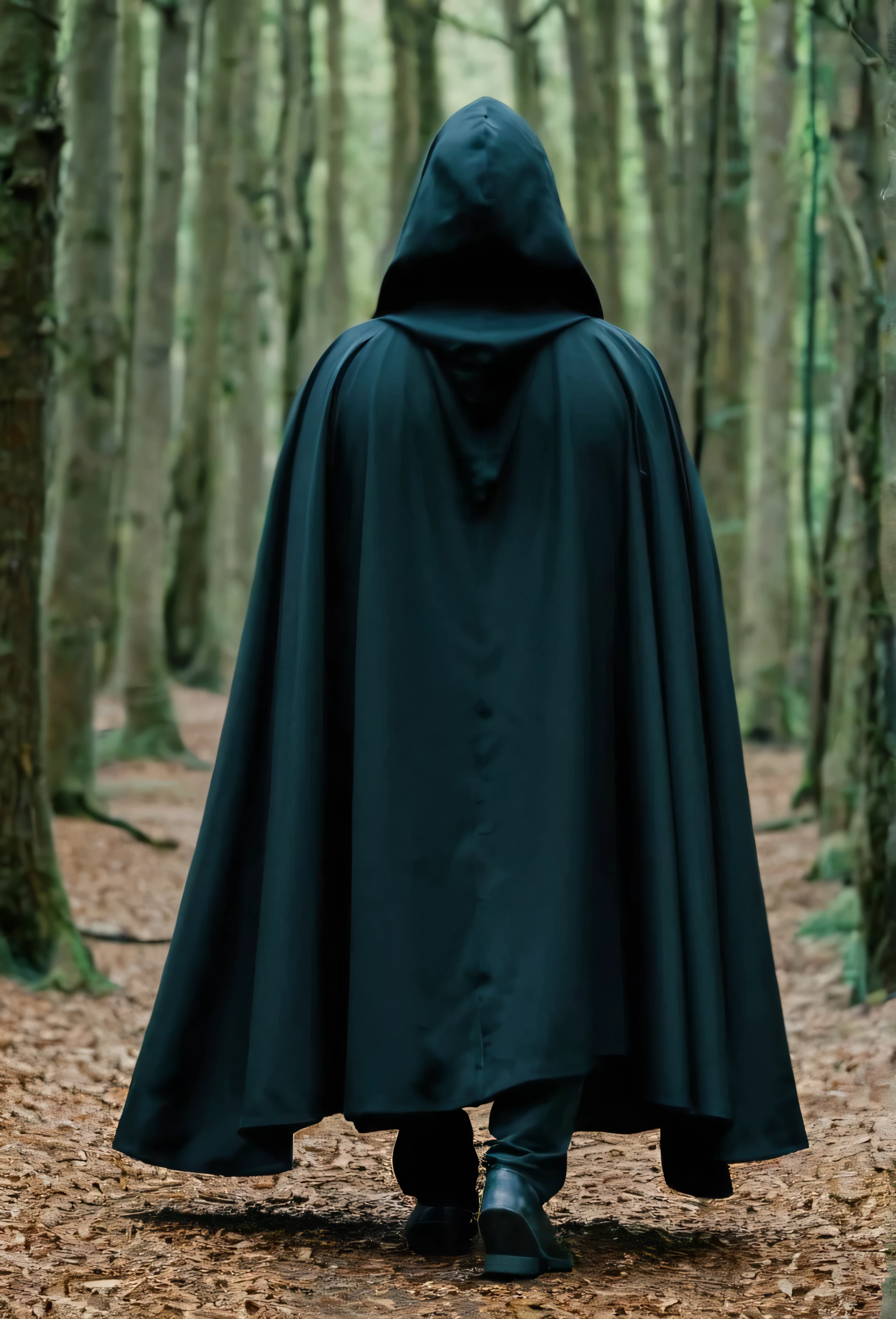 a photo of a person in a black robe, wearing cloak, wearing a flowing cloak,half of the body is not visible where the cape is worn, camouflaged,invisible cloak similar to Harry Potter's invisibility cloak, wearing cloak on blasted plain, technology cover, cloak covering the face, capa brilhando ao vento, camouflaged dark winter night, very long white robe, wearing cloak and hood, white robe