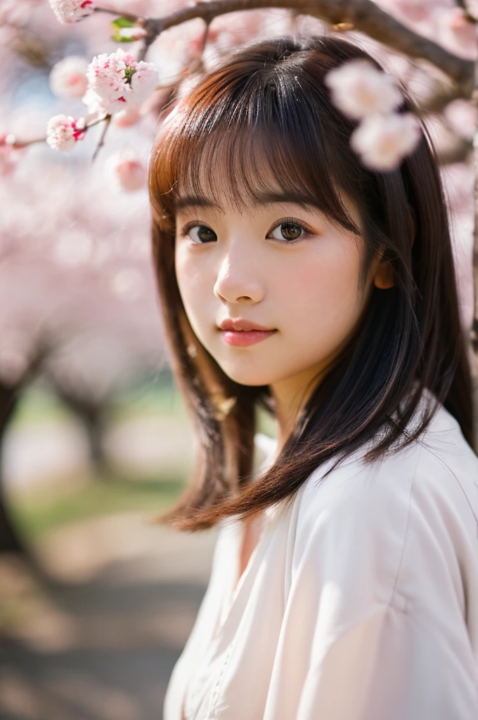 Photorealistic portrait of a beautiful young Japanese girl, soft natural lighting, outdoor cherry blossom setting, shallow depth of field, high-resolution detail, Canon EOS R5, 85mm f/1.2 lens,