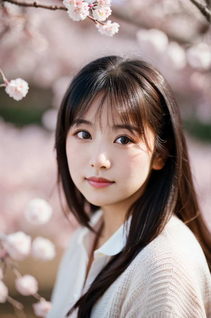 Photorealistic portrait of a beautiful young Japanese girl, soft natural lighting, outdoor cherry blossom setting, shallow depth of field, high-resolution detail, Canon EOS R5, 85mm f/1.2 lens,