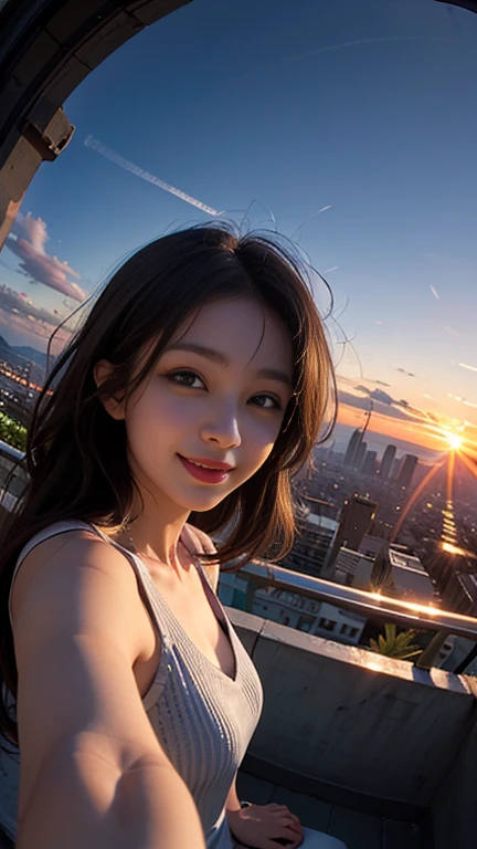 One girl, Korean, Fisheye Lens, Selfie, Wind, Messy Hair, sunset, Cityscape, (Aesthetics and atmosphere:1.2),smile
