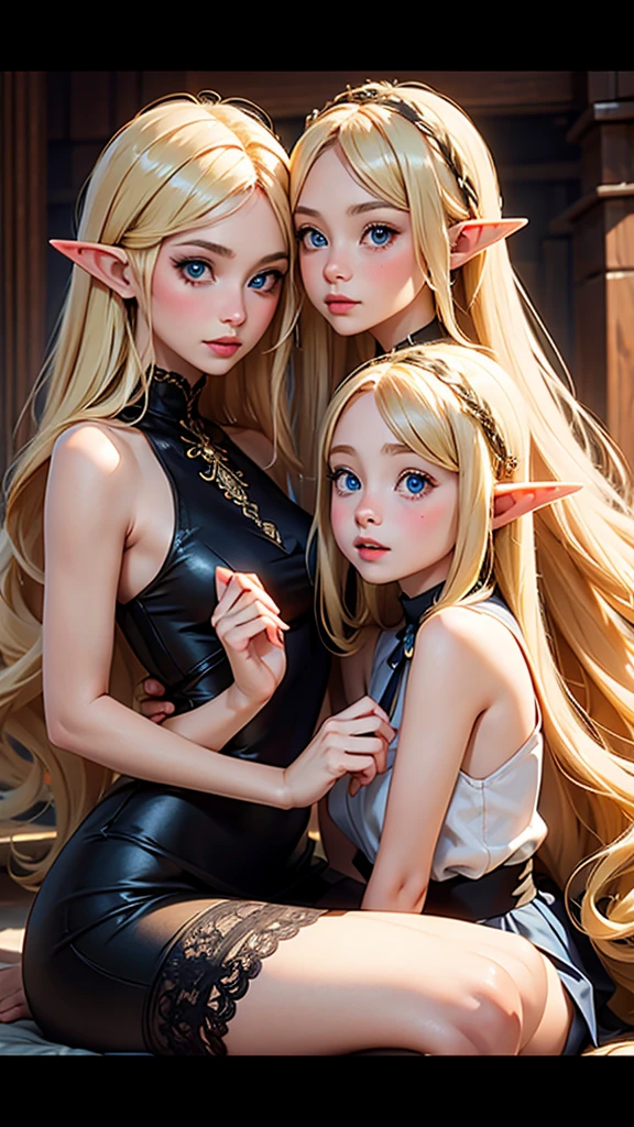 Three girl, elf, pointed ears, shirt, looking at you, Face, ideal, flower, high quality,  shining, divine, nude, Elven Character, blonde, redhead and brunette, legs spread, skinny, stockings, tanned skin, kisses, bare ass,  Vagina, heels, Wellingtons, gloves, , 