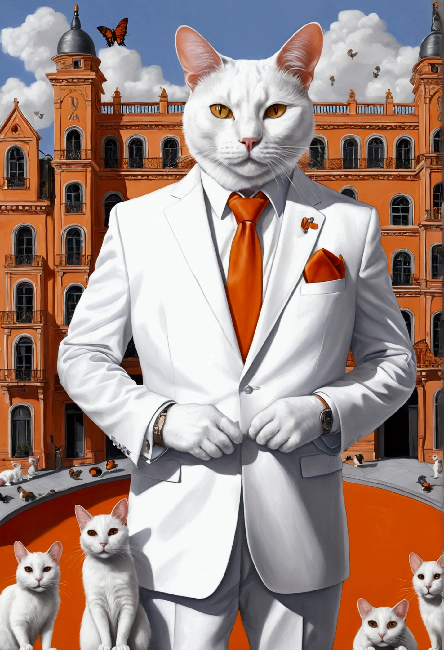 work of arts, drawning, drawning de um gato branco com olhos vermelhos, rich cat, owner of a very chic building, very big cat, fatter, with white suit, in front of the cat a lot of mice, 100 mice, mice all gray, all mice in orange uniform, all the mice scared of the cat.