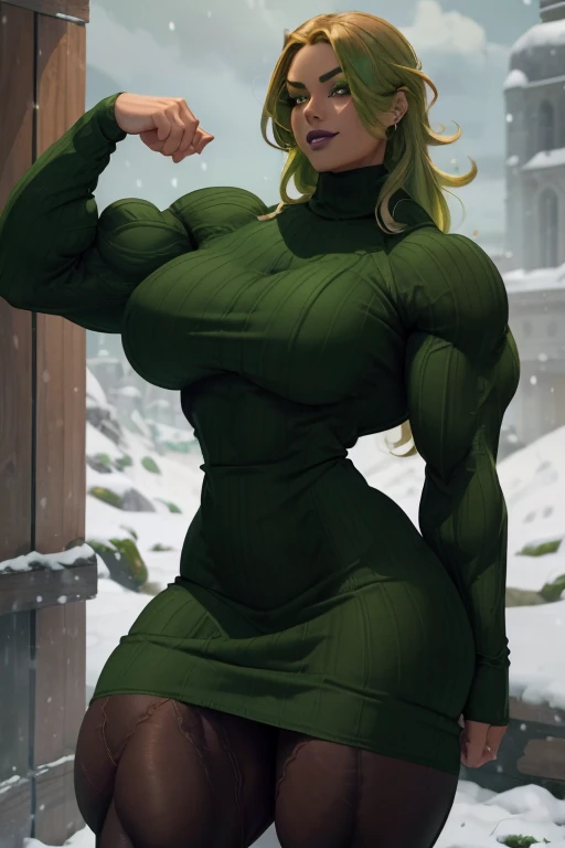 (Close-up), tall, (green hair), beautiful muscular woman, long curvy hair, light brown skinned, closed smile, (black lipstick), (massive muscles), (hyper muscle), (ginormous bulky muscles), orange eyes, (((beautiful green long sleeve turtleneck sweater dress))), ((pantyhose)), brown boots, choker, snow field 