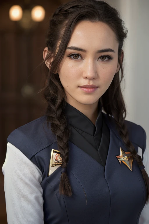 front medium (chr1sch0ng:0.99) a Christina Chong beautiful face, narrowed eyes. smirk. black braided hair, ((( vulcan ))) , (s3stngunf uniform uniform),aesthetic lighting dark studio, bokeh, beautiful face, narrowed eyes. smirk. black braided hair,