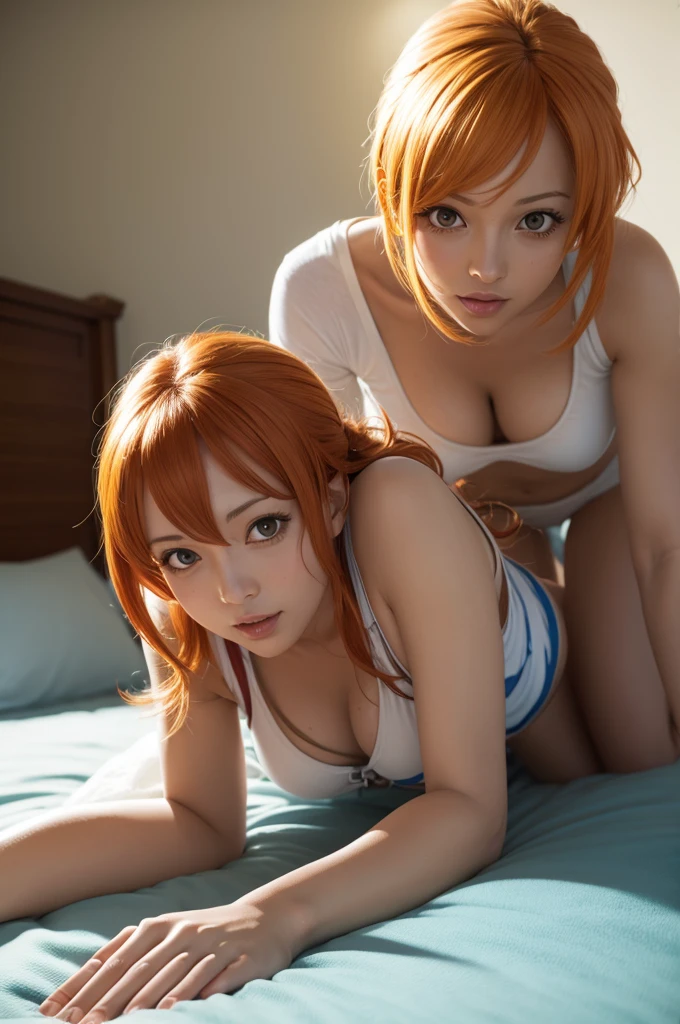 Nami from One Piece on all fours in bed 