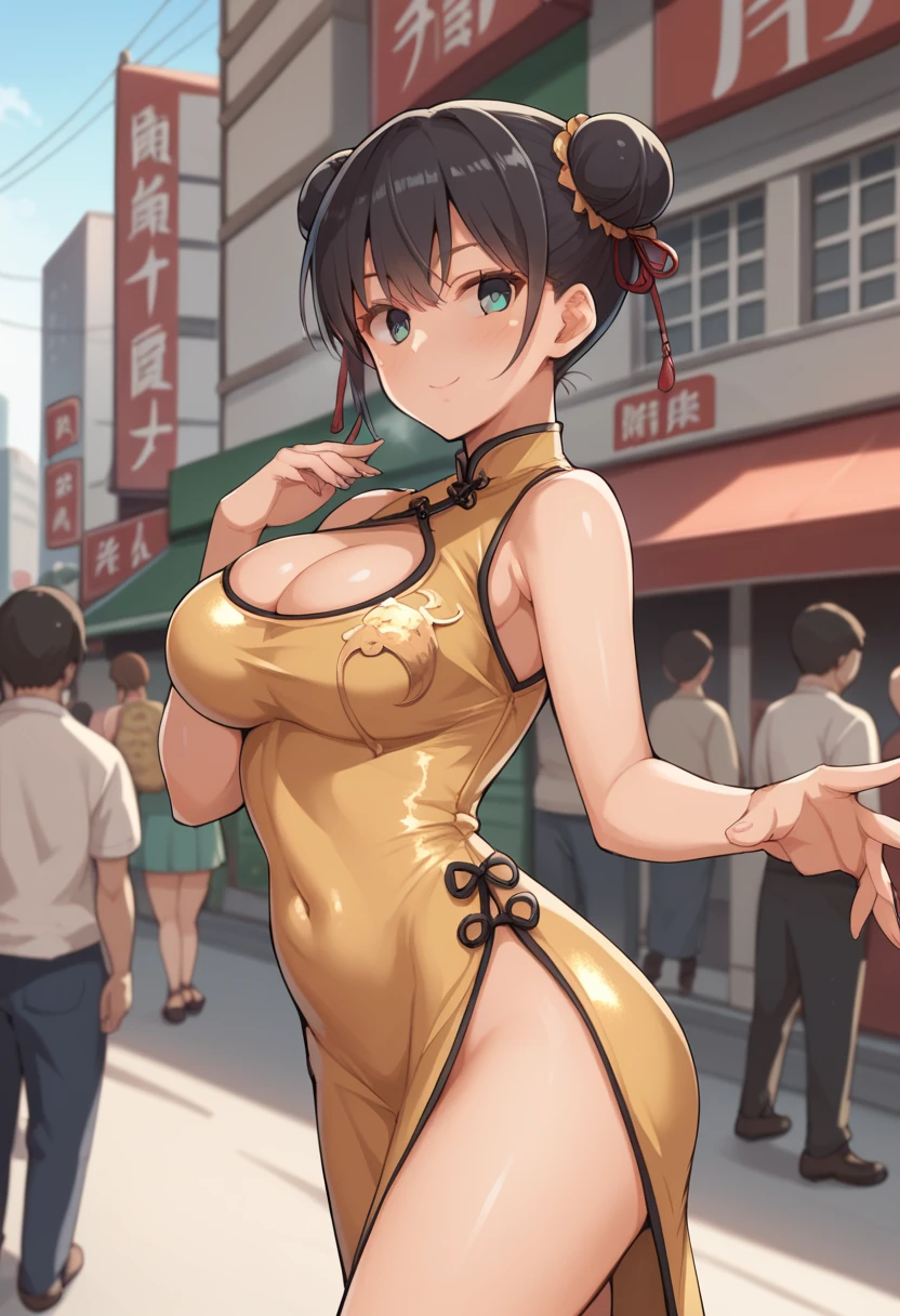 (yamaori_style), 1girl, chinese bun black short hair,bun cover,china dress, long dress,tight mini skirt, gold decoration dress, sleeveless, cleavage cutout, clothing cutout outside, on streets, crowd, city, 