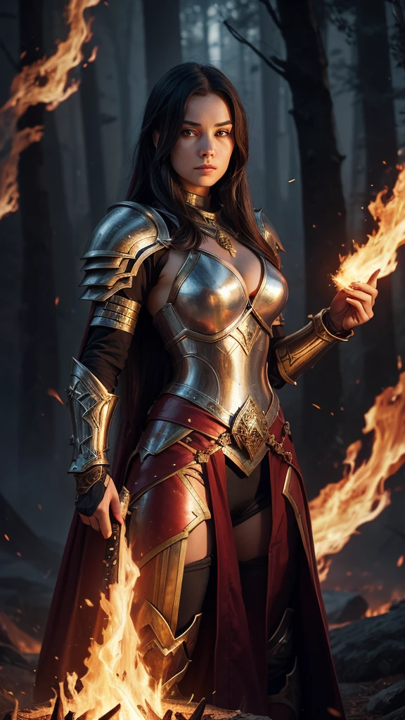 a woman in armor with a sword and fire in her hand, Concept art by Yang J., Artstation contest winner, Fantasy Art, she has fire powers, a very beautiful berserker woman, appears as the goddess of fire., fire wizard, fantasy woman, The flames surround her, diablo 4 queen, evil fire sorceress in the forest, epic Fantasy Art style