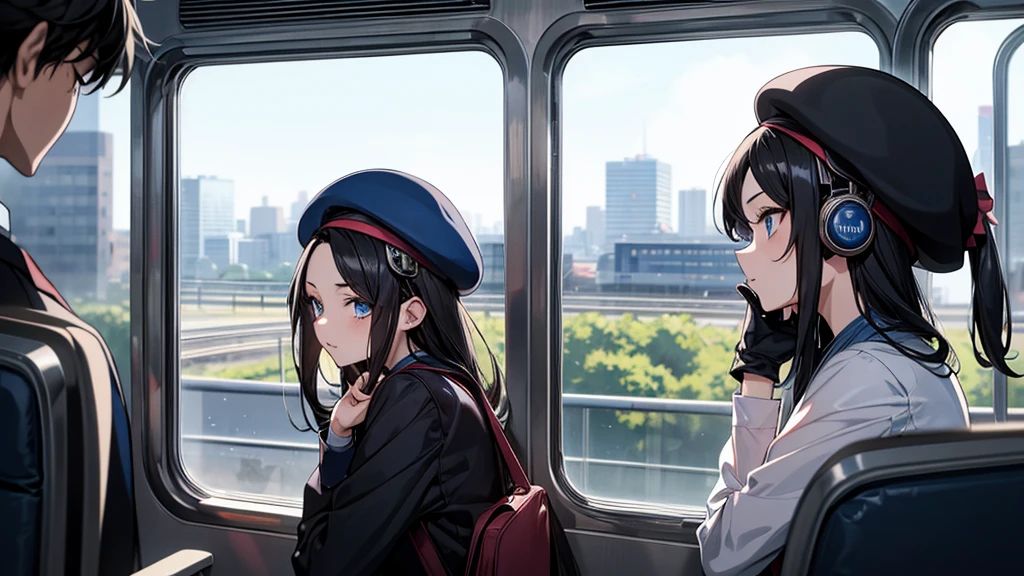 (I'm on the train, looking out the window.),black hair, hair over shoulder, blue eyes, beret, headphones, anime, anime style, UHD, highres, best quality, 1080P, 4K