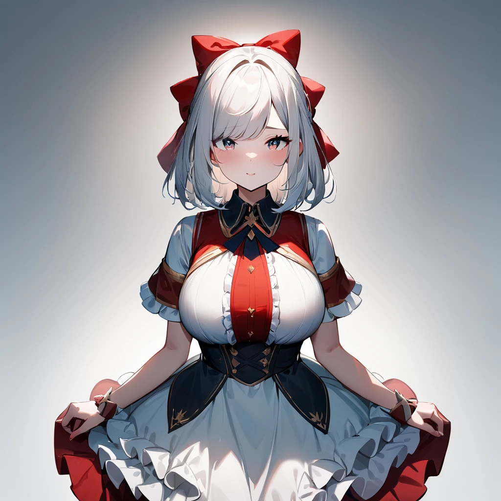 1girl,Solo,White hair,Blue and red, swept bangs,straight-on,medium hair,big breast,masterpiece, best quality,very aesthetic,absurdres,(hair bow),(Low brightness),(frill dress)
