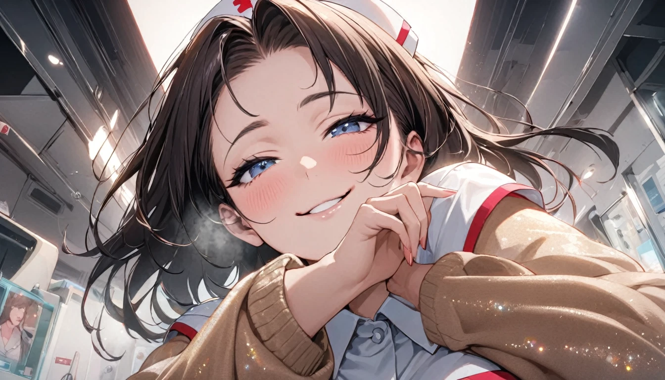 From below, Portraiture, Kind and beautiful nurse, Cool face, A shy smile, Superb proportions, She is wearing a loose cardigan over her nurse uniform., Glitter effect, fog effect、(smug face:1.0)、
