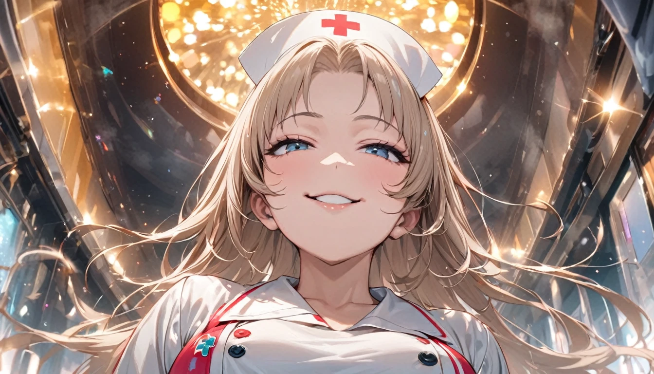 From below, Portraiture, Kind and beautiful nurse, Cool face, A shy smile, Superb proportions, She is wearing a loose cardigan over her nurse uniform., Glitter effect, fog effect、(smug face:1.0)、