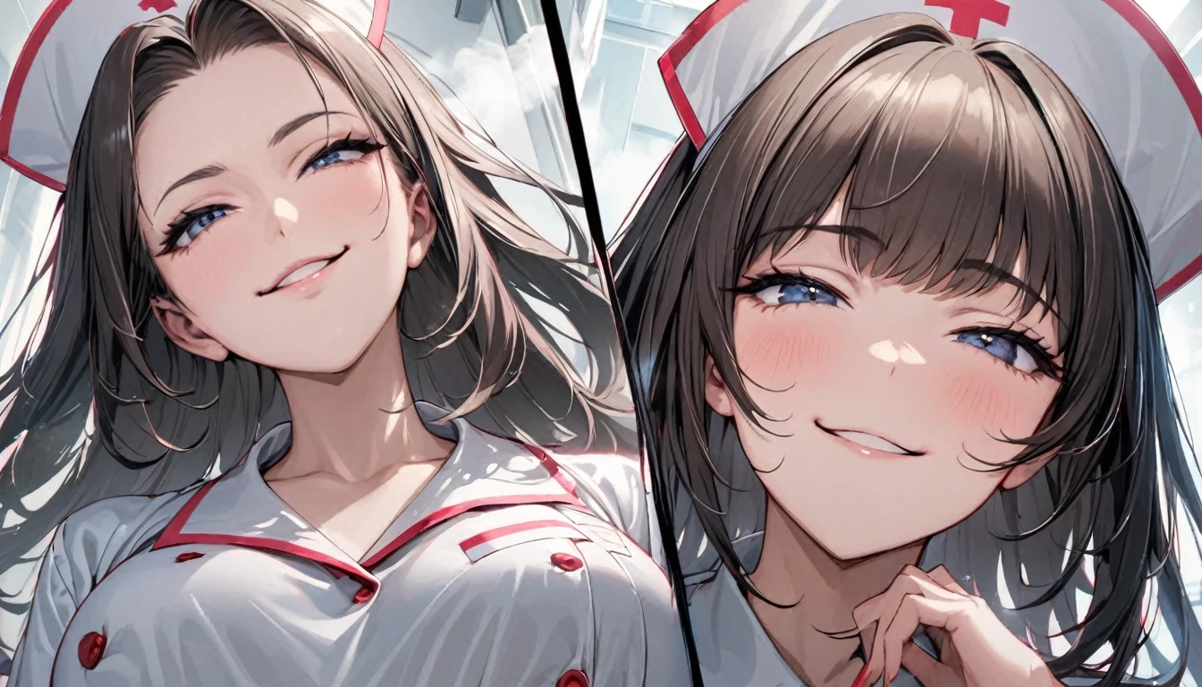 From below, Portraiture, Kind and beautiful nurse, Cool face, A shy smile, Superb proportions, She is wearing a loose cardigan over her nurse uniform., Glitter effect, fog effect、(smug face:1.0)、