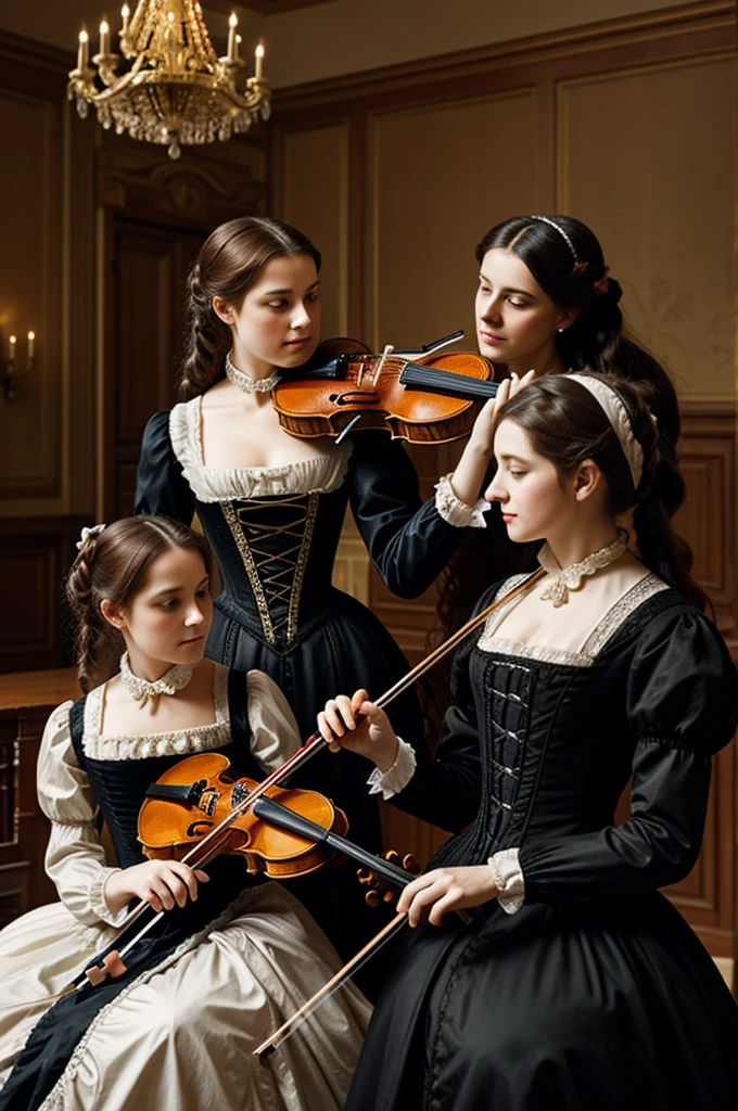 Woman 17th Century dressed Victorian women playing violin in castles ballroom 