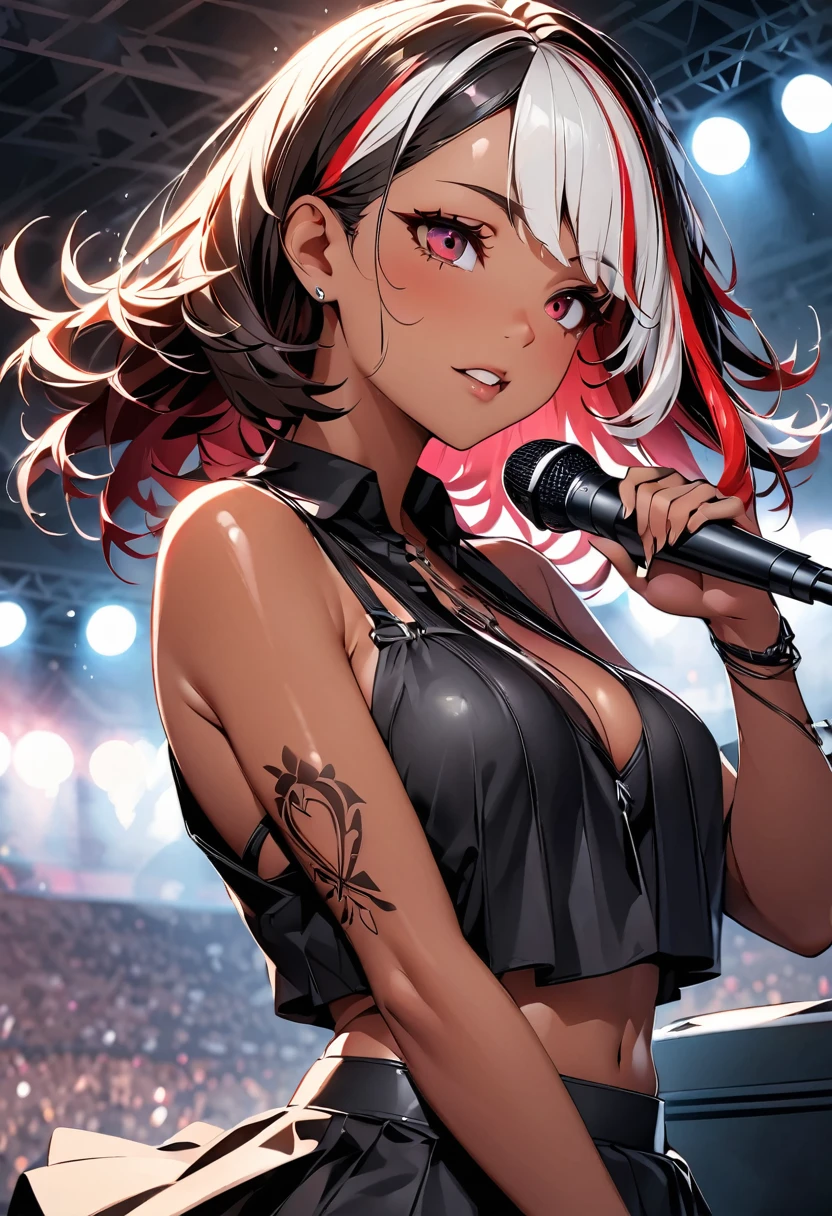 (highest quality:1.2, Very detailed, up to date, Vibrant, Ultra-high resolution, High Contrast, masterpiece:1.2, highest quality, Best aesthetics), Portraiture、girl, (solo), singer、stage、performance、Rock Music、medium wave hair、(red hair and white hair:1), ((streaked hair:1.6)), highlights hair: 1.5, red eyes, slim body, medium breast, (tan skin:1.1), look far away, Bright colors、Beautiful fine details、Beautiful lip detail、Music band、Concert Light、Edgy Style、(black Skirt-style-bikini)、loose fit, Dynamic Movement、hypnotic sounds、Stadium、amplifier、Loud music、singing into the microphone, vocal, (Floral Fineline tattoo design on left arm:1), (close-up:2), (from side:1),