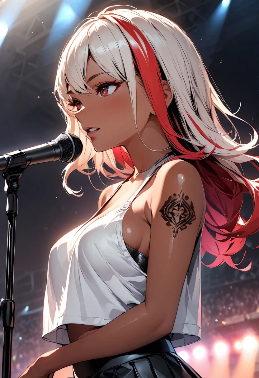 (highest quality:1.2, Very detailed, up to date, Vibrant, Ultra-high resolution, High Contrast, masterpiece:1.2, highest quality, Best aesthetics), Portraiture、girl, (solo), singer、stage、performance、Rock Music、medium wave hair、(red hair and white hair:1), ((streaked hair:1.6)), highlights hair: 1.5, red eyes, slim body, medium breast, (tan skin:1.1), look far away, Bright colors、Beautiful fine details、Beautiful lip detail、Music band、Concert Light、Edgy Style、(black Skirt-style-bikini)、loose fit, Dynamic Movement、hypnotic sounds、Stadium、amplifier、Loud music、singing into the microphone, vocal, (Floral Fineline tattoo design on left arm:1), (close-up:2), (from side:1),