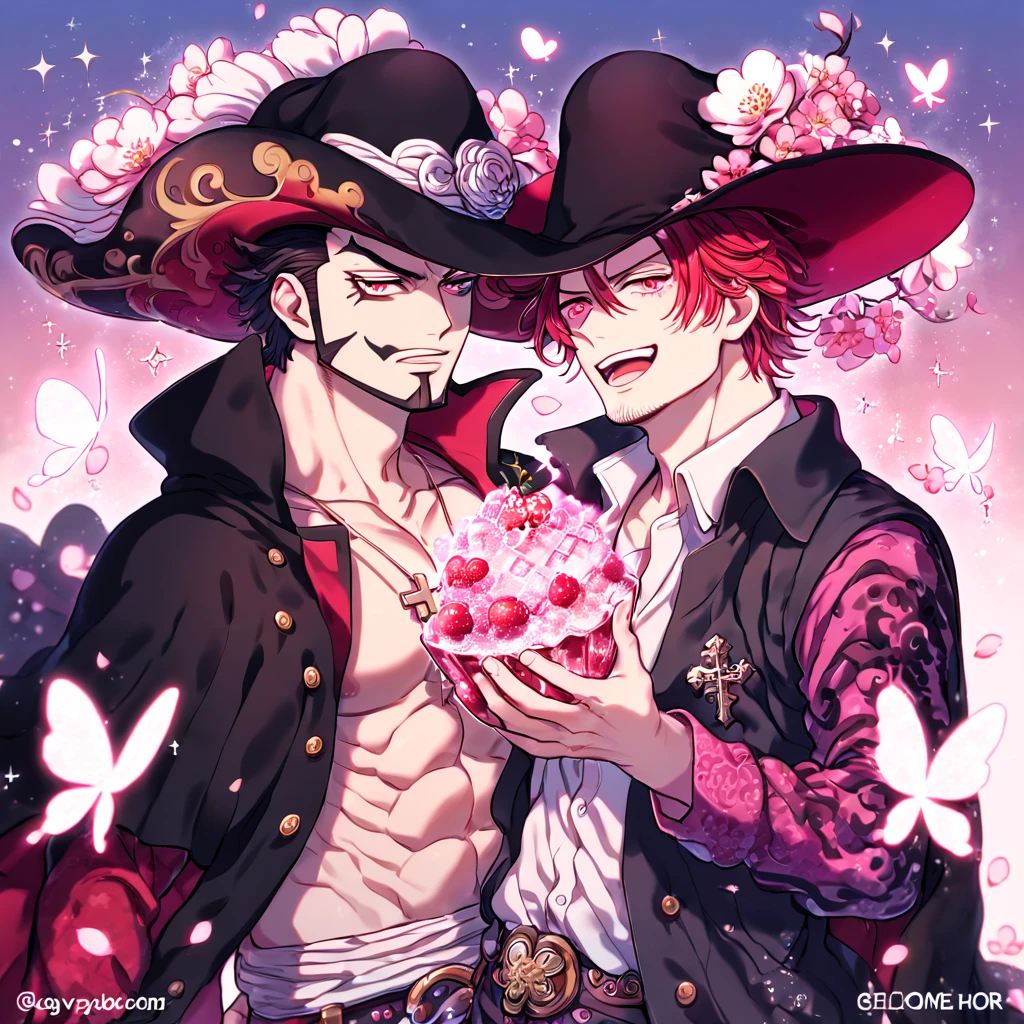 absurdres, highres, ultra detailed, HDR, master piece, best quality, extremely detailed, Dracule Mihawk, black hair, expressive red eyes, One Piece, Shanks, red hair, expressive red eyes, two sexy men together, yaoi, gay couple, handsome, wide-brimmed black hat decorated with a large plume, open black coat with a red velvet inside, without shirt, black cape, white shirt, red flower-patterned sleeves, cross necklace, magical, sparkling, pink glittering fireflies, pink ice, pink ice butterflies, pink ice petals, pink ice cherry blossoms, pink crystal, pink flowers, pink moon