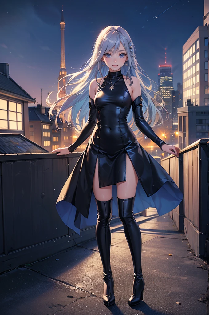 ((Biologically correct limb count)),(( From head to toe,Full-body photo including face)),4K,((Standing position)),masterpiece,((Focus on the face)),((Symmetrical facial features)),Eyes with detailed description,Beautiful woman,Great style,Beautiful arms,Beautiful legs,Beautiful Hands,(Small Ass,Thin thighs),Detailed depiction of the face,Small earrings,necklace,(Tight Dress((High heel long boots))),((evening,Looking out at the city from the school rooftop)),(((blue blonde))),Realistic photo,