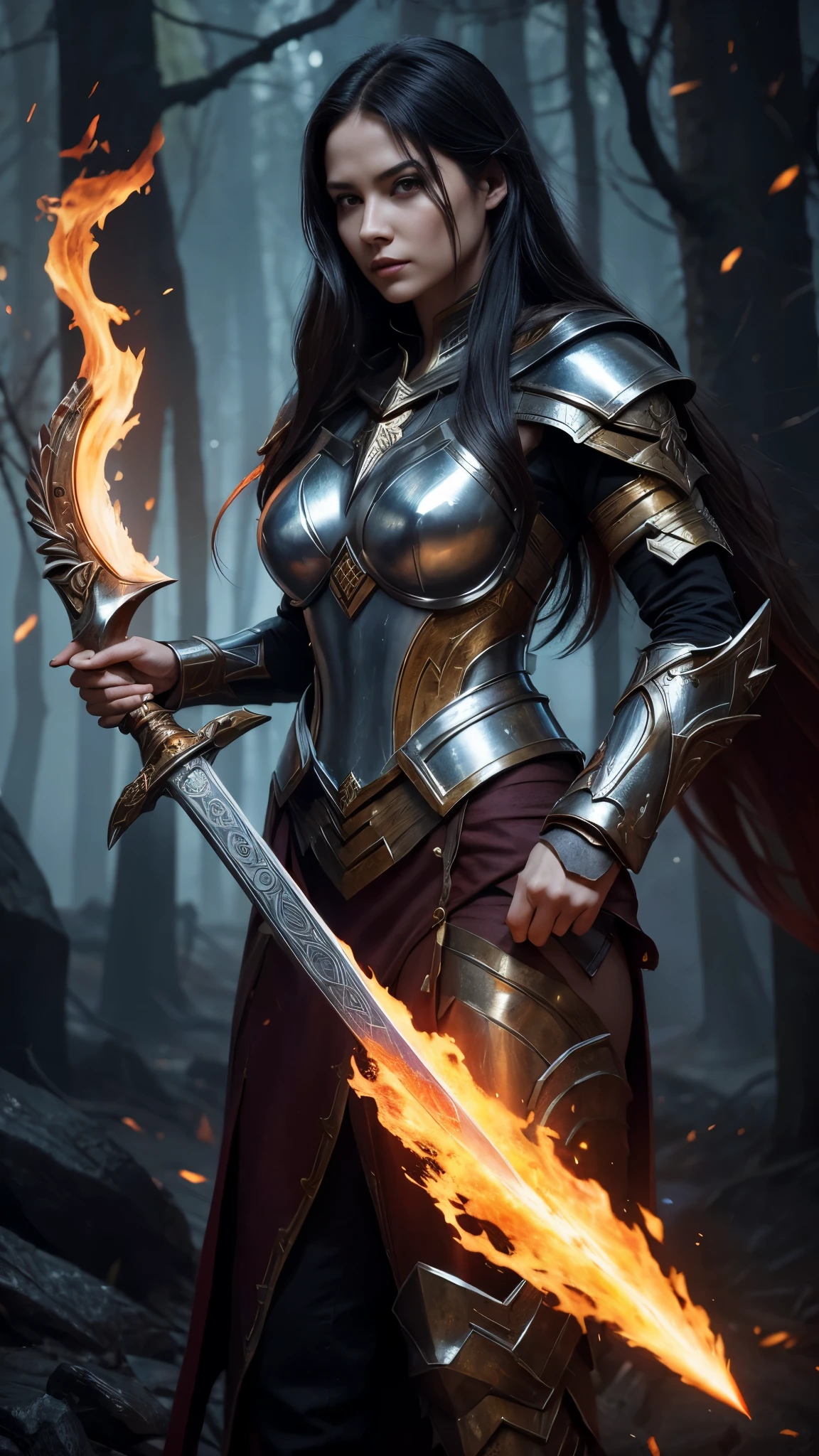 a woman in armor with a sword and fire in her hand, Concept art by Yang J., Artstation contest winner, Fantasy Art, she has fire powers, a very beautiful berserker woman, appears as the goddess of fire., fire wizard, fantasy woman, The flames surround her, diablo 4 queen, evil fire sorceress in the forest, epic Fantasy Art style
