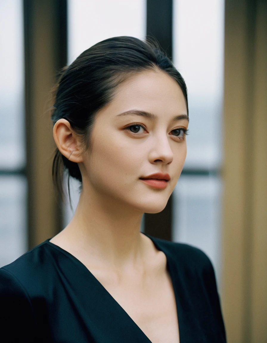 xxmixgirl, Upper body of a beautiful cute long and slender face Japanese girl, happy smiling, still from the film, ((young Marion Cotillard face : 1.2)), ((young Anne Hathaway face: 1.0)), from front, realistic portrait photo of a cute 25 years old girl, looks at viewer, full lips, natural skin, skin moles, stormy weather, (cinematic, film grain:1.1), ((asian winged eyes, very long and slender slim face, windy tousled, long straight black ponytail, nightgown)), Leica SL3, Summicron-SL 75mm ASPH, F/2, (cinematic still:1.2) Kodak Gold 200 film, bokeh, rim lighting, silhouette, shallowed depth of field, dynamic hands up,
