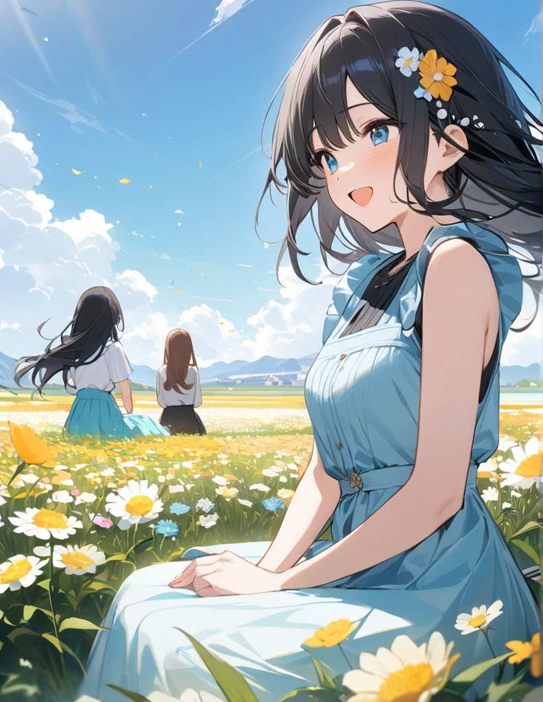 超High resolution, (masterpiece:1.2), Highest quality, High resolution, Awards, Attention to detail,Girls laughing、Sitting、The sky is blue、The flower fields and grasslands are impressive.,Our hair is blowing in the wind、Black Hair、short hair、long hair、hair ornaments、