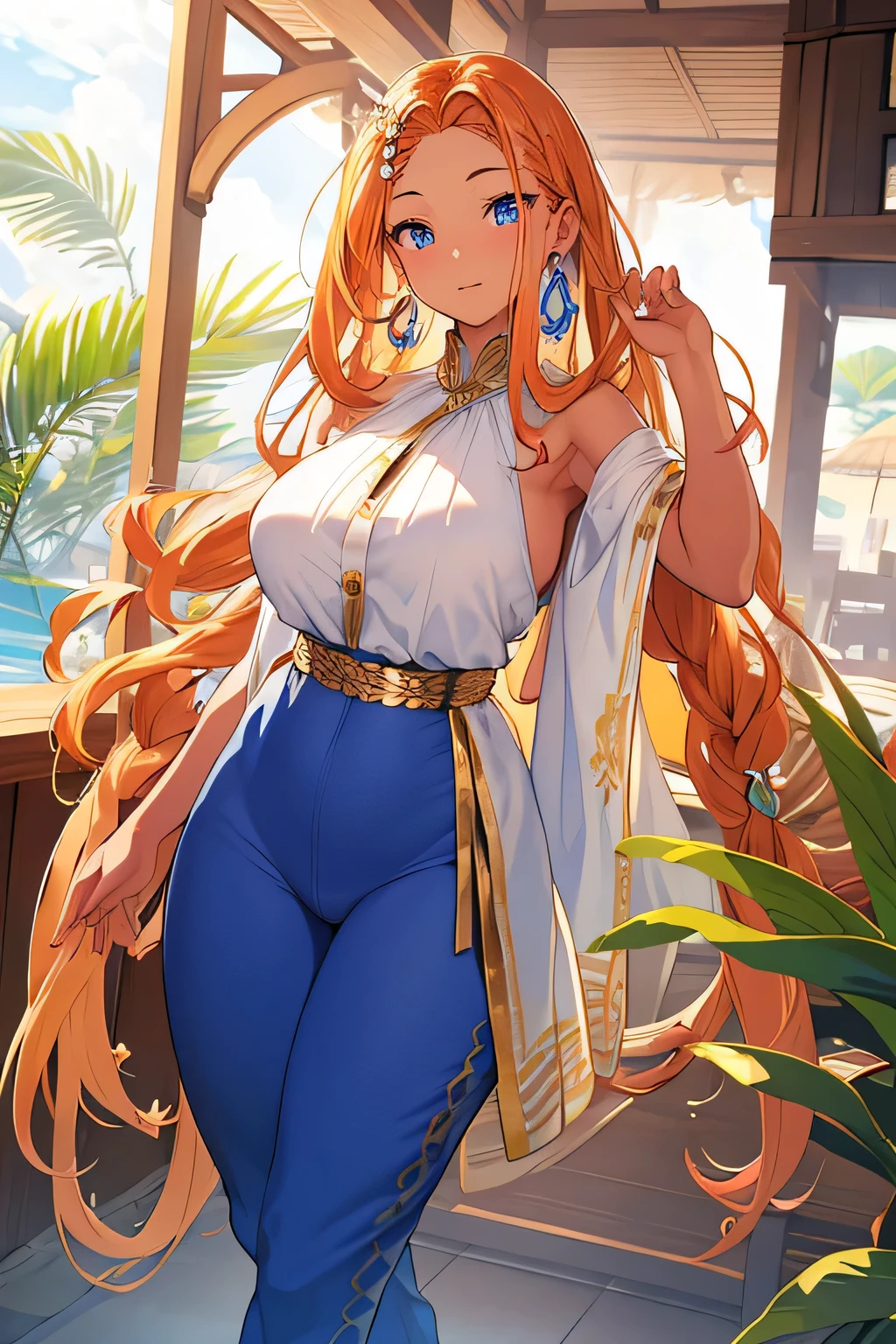 (masterpiece, Highest quality), The Golden Age of Women, , Polynesia, Deep blue eyes, Wide Nose, Round cheeks, rounded forehead, Long face shape, , Ginger box braids, Feel the joy of wearing a summer jumpsuit, Moire wrap front blouse, loafers, ,
, Put your hands behind your back, Suggests self-confidence and self-control, Large Breasts