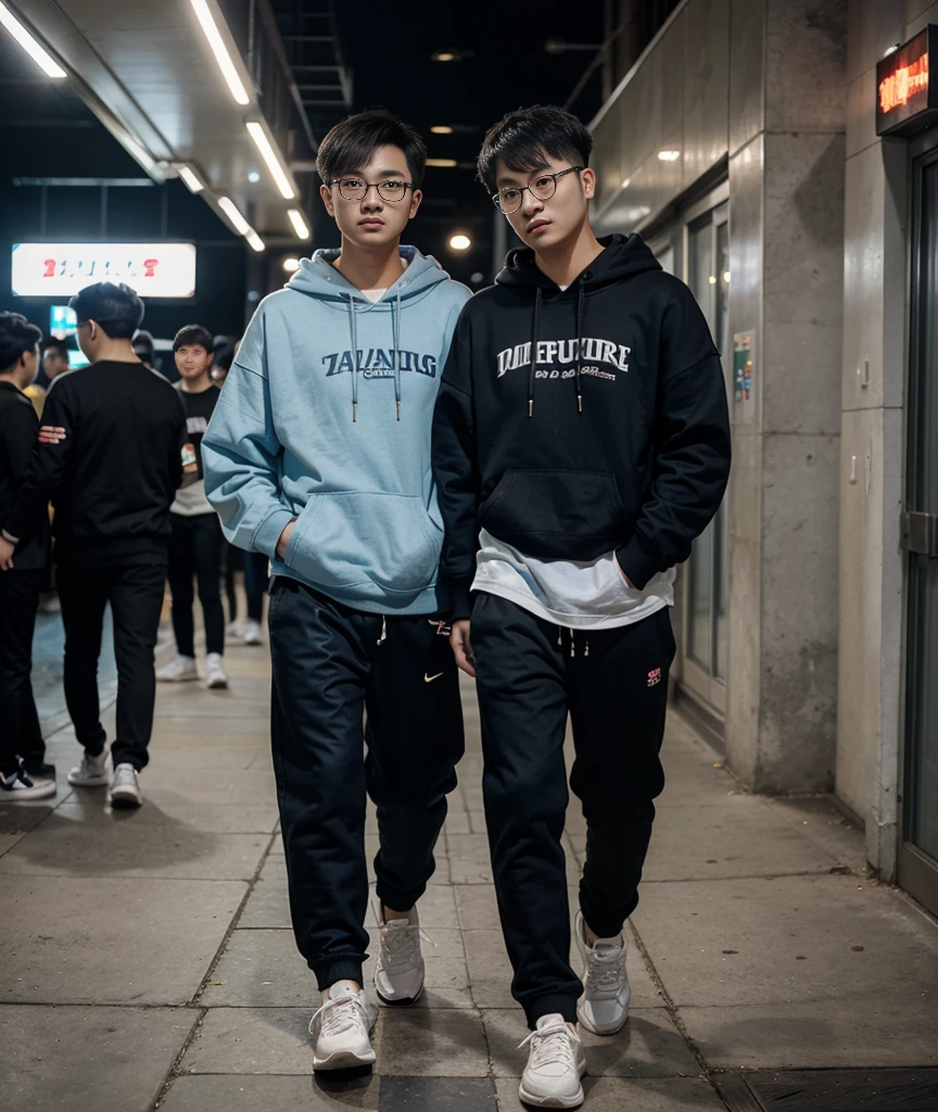 21 year age old Chinese boy, he is wearing a oversize xxl blue plain Hoodie, he is wearing black trousers, he is wearing sneakers, he is wearing glasses, nightclub, full body, (he is Korean Hairstyle), foot, walking