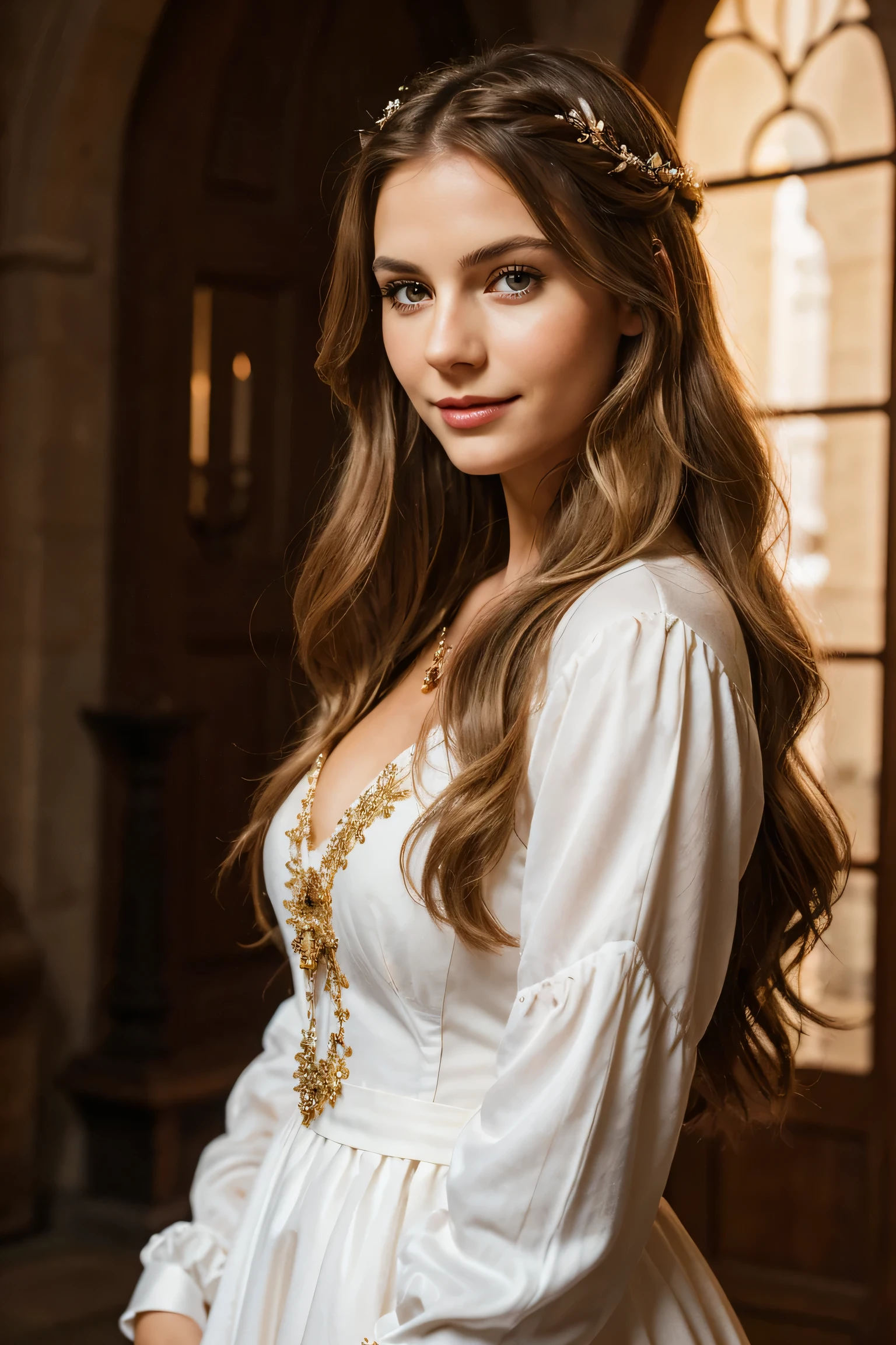 A photorealistic portrait of a 29 year old European girl with long dark blonde wavy hair and piercing red eyes, and full but natural lips. Oval face, but well-defined cheekbones. Wearing white ornate medieval dress. She should have a nature, accessible expression, like a smile, and be illuminated by soft,moonlights. The background should be a picturesque indoor environment, inside a castle. Capture this image with a high-resolution photograph using an 85mm lens for a flattering perspective." full body shot shot. vampyre