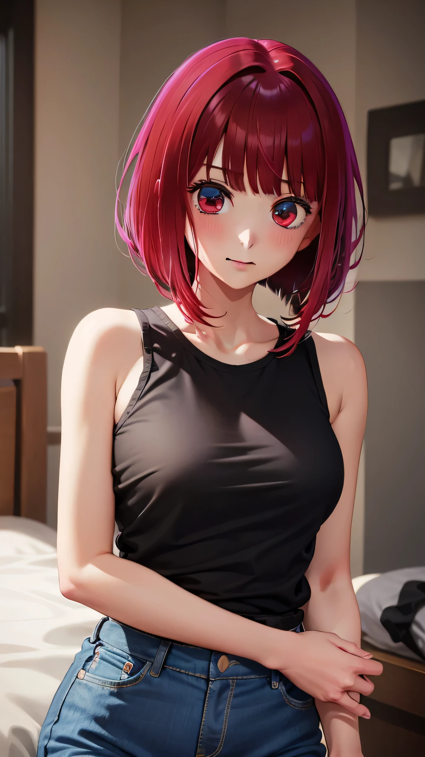 8k, best quality, masterpiece, ultra-detailed, garota linda de anime, sozinha, alone, only a girl, somente uma garota, she is alone, shes alone, olhos vermelhos, olhos avermelhados, olhos de cor vermelha, red eyes, cabelos curtos, solo, red hair, cabelos vermelhos, casual clothes, sleeveless shirt, cute